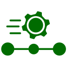 A green gear with motion lines above a horizontal line connecting three green dots, symbolizing process automation or workflow.