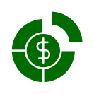 Green segmented circular graphic with a dollar sign ($) in the center, resembling a pie chart or financial symbol, on a light gray background.