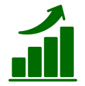 A green bar chart with four ascending bars and a large green upward arrow above, indicating growth or progress.