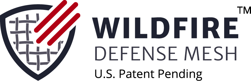 Logo for Wildfire Defense Mesh featuring a shield with a crisscross mesh pattern and three red diagonal lines, accompanied by the text: “WILDFIRE DEFENSE MESH, U.S. Patent Pending.”.
