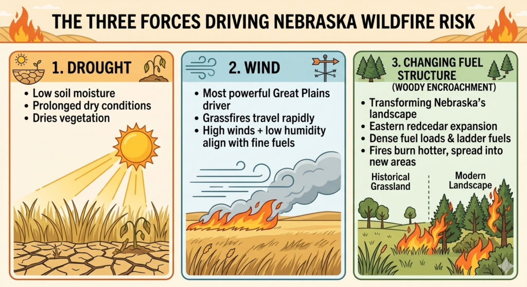 Infographic showing the three forces driving Nebraska wildfire risk: drought, wind, and changing fuel structure, with illustrations of dry ground, wind spreading fire, and trees transforming the landscape.