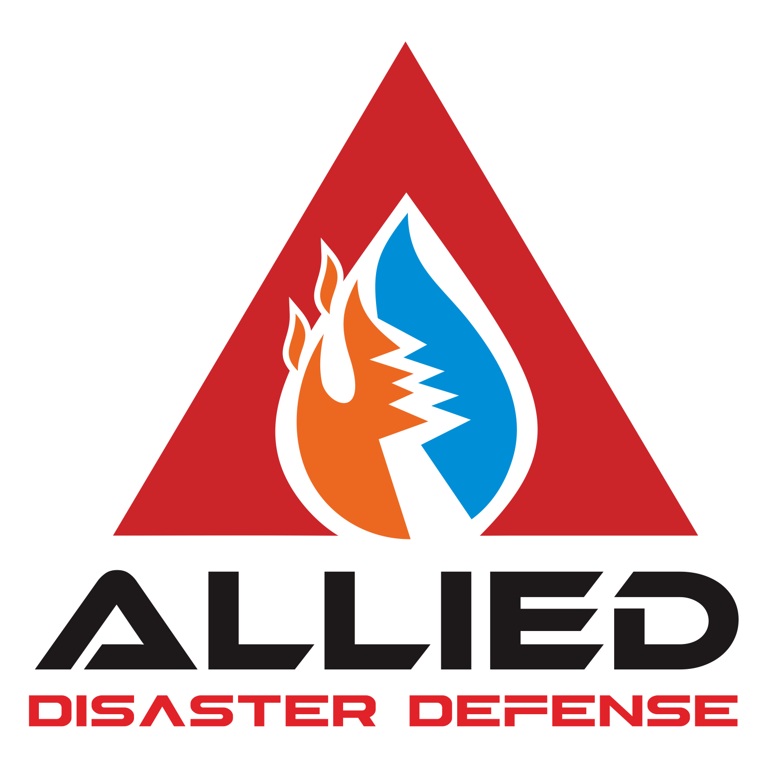 Logo for Allied Disaster Defense featuring a red triangle with a blue and orange flame and water drop inside. The words "ALLIED DISASTER DEFENSE" appear in bold black and red text below.