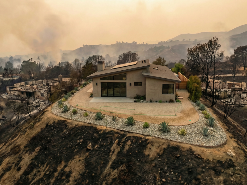 A modern house sits untouched on a hilltop surrounded by scorched earth and burnt remains of other homes, with smoke rising in the background from a recent wildfire.