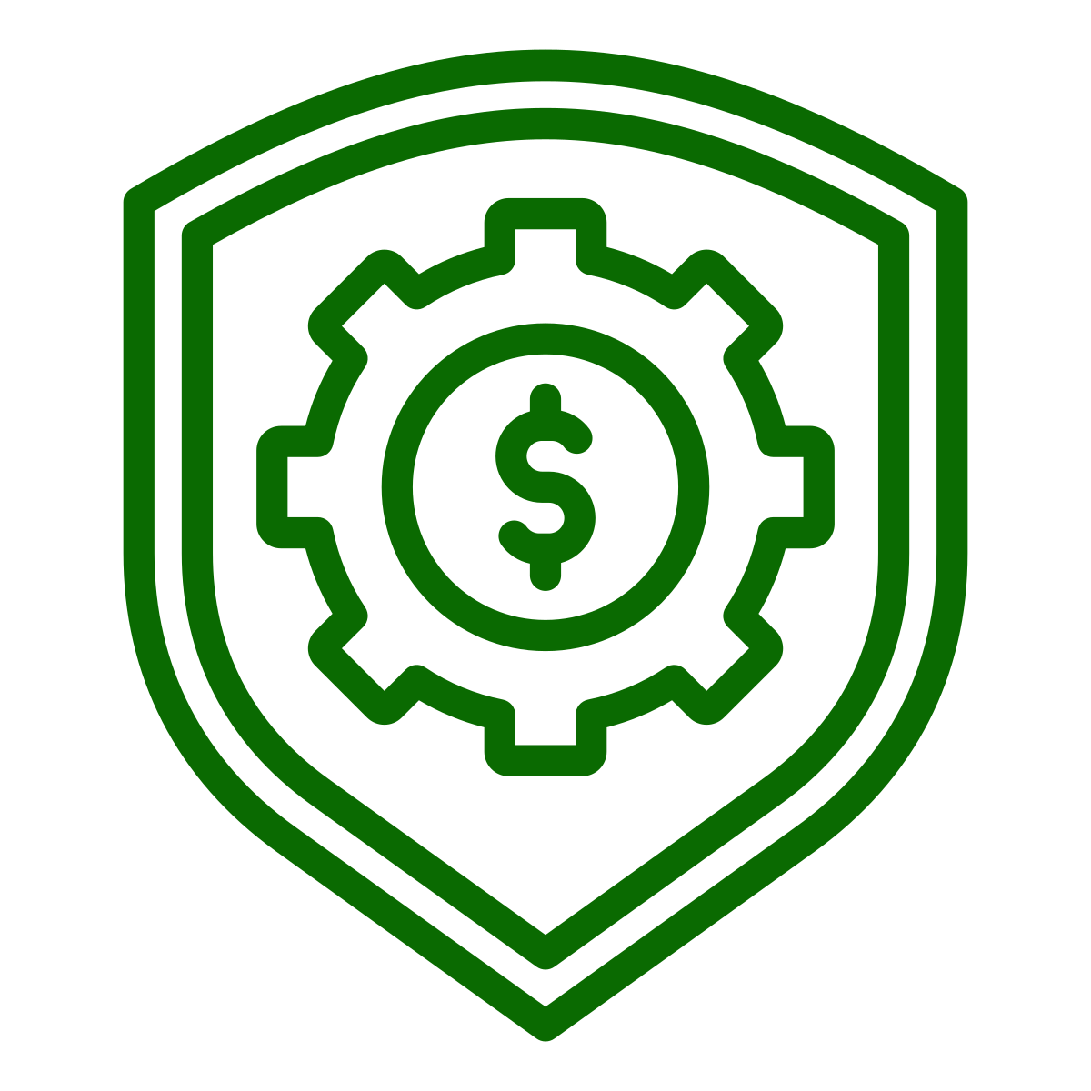 A green outline of a shield with a gear and a dollar sign inside, representing financial security or financial management.
