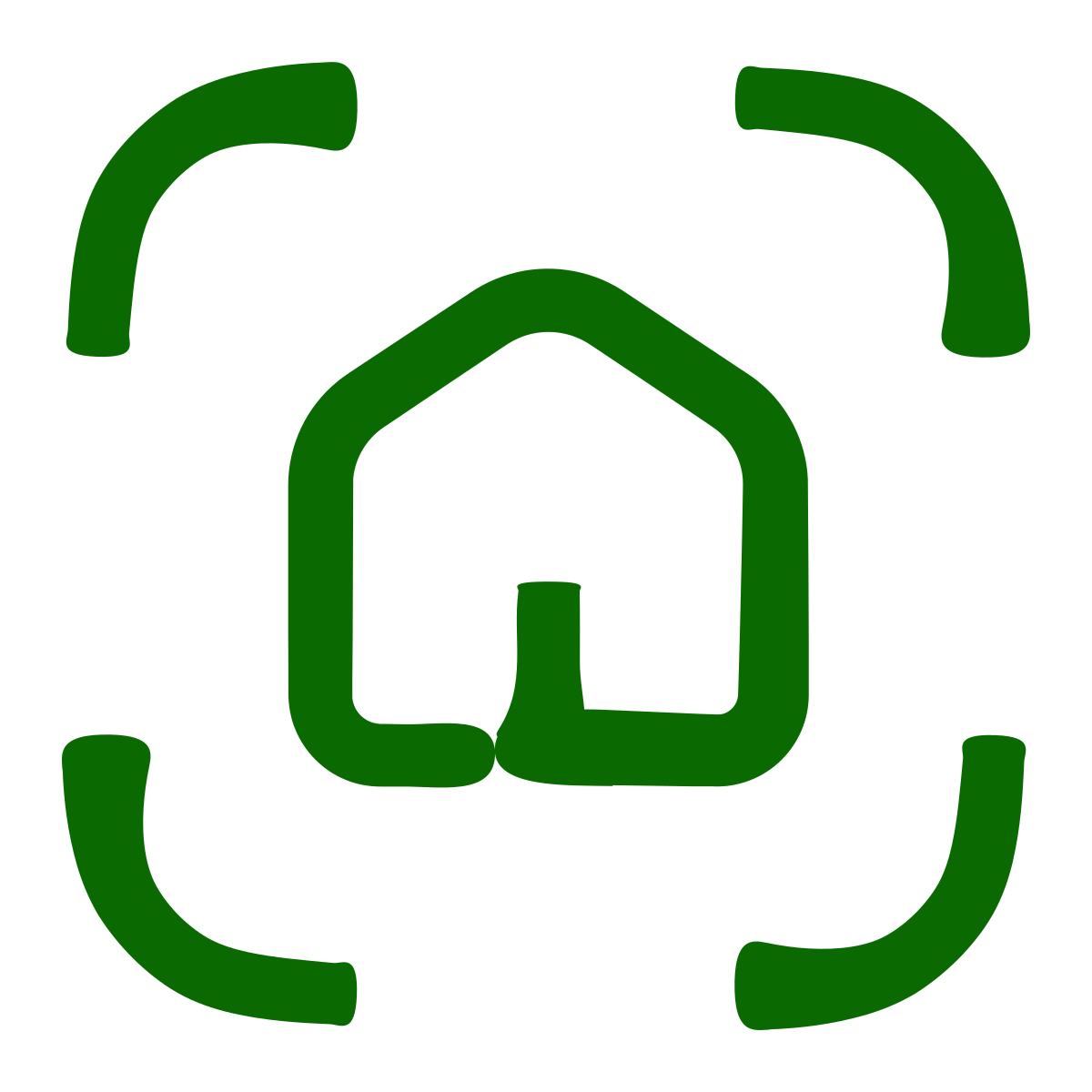 A green outline of a house surrounded by four green curved brackets, one in each corner, on a white background.