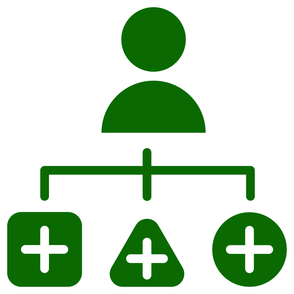 Green icon of a person connected to three shapes below—a square, triangle, and circle—each with a white plus sign, representing options or additions in an organizational or decision-making process.