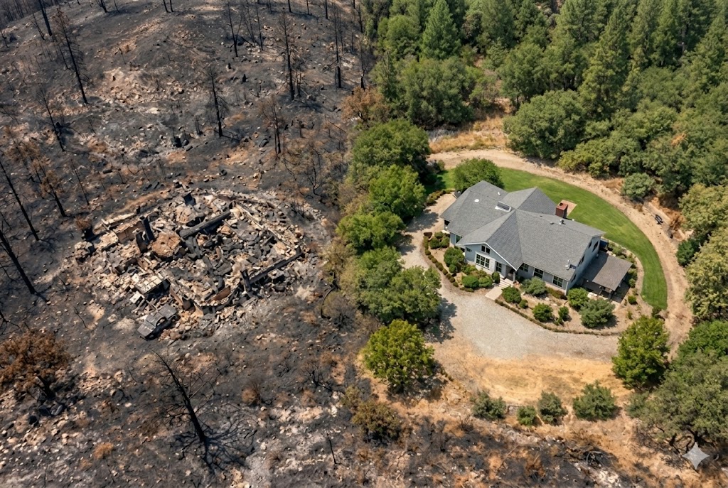 Aerial view showing a house surrounded by green trees, untouched, next to a large area of scorched earth with a burned-down structure, illustrating the stark contrast between wildfire destruction and survival.
