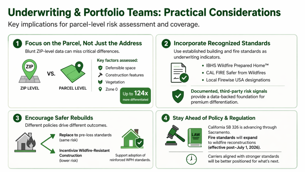 Infographic with four sections on underwriting and portfolio teams’ risk assessment: 1) Risk is more than address—consider parcel data; 2) Use recognized standards; 3) Support safer rebuilds; 4) Keep policy and regulation knowledge updated.