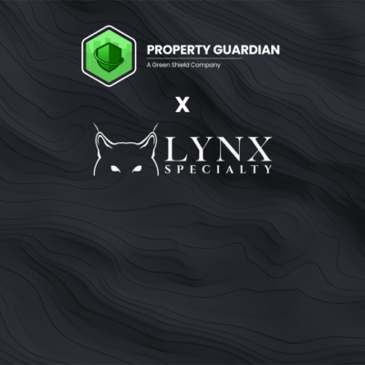 Property Guardian and Lynx Specialty logos on a dark, wavy textured background, with an "x" between them to indicate a partnership.