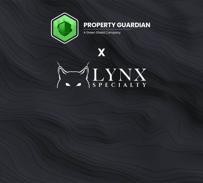 Property Guardian and Lynx Specialty logos on a dark, wavy textured background, with an "x" between them to indicate a partnership.