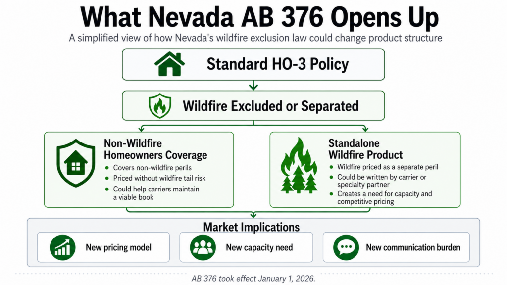 Infographic explaining Nevada AB 376, showing how wildfire exclusion or separation in home insurance could change coverage, pricing, and market needs. AB 376 takes effect January 1, 2026.