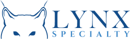 Logo with a minimalist blue outline of a lynx's face on the left, next to the words "LYNX SPECIALTY" in blue capital letters on a light gray background.