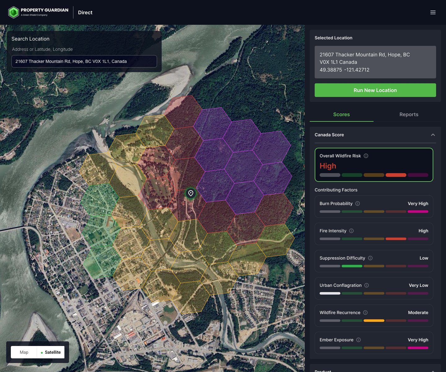 A map interface shows wildfire risk zones using colored hexagons over a town. A sidebar displays "High" overall wildfire risk and contributing factors like burn probability, suppression difficulty, and urban configuration.