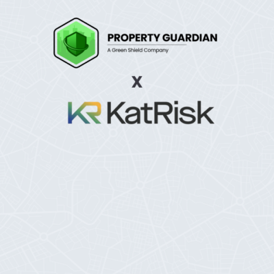 Logos of Property Guardian (a Green Shield Company) and KatRisk are shown side by side with a large "X" between them, indicating a partnership, on a light background with a subtle map pattern.