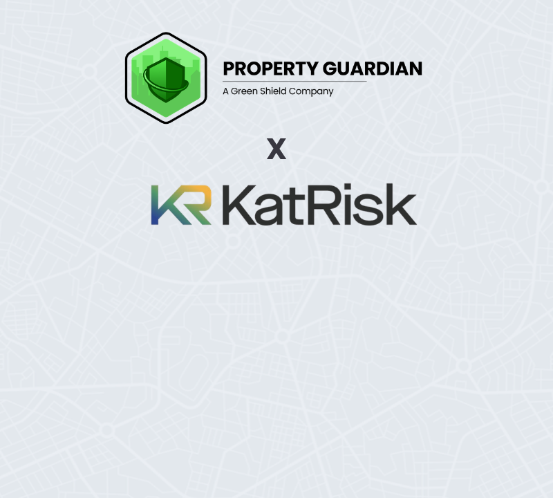 Logos of Property Guardian (a Green Shield Company) and KatRisk are shown side by side with a large "X" between them, indicating a partnership, on a light background with a subtle map pattern.