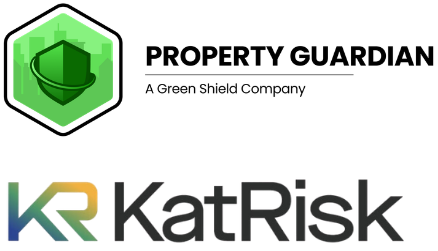Logos for Property Guardian, a Green Shield Company, featuring a green shield icon, and KatRisk, with stylized "KR" letters in gradient colors followed by the company name.