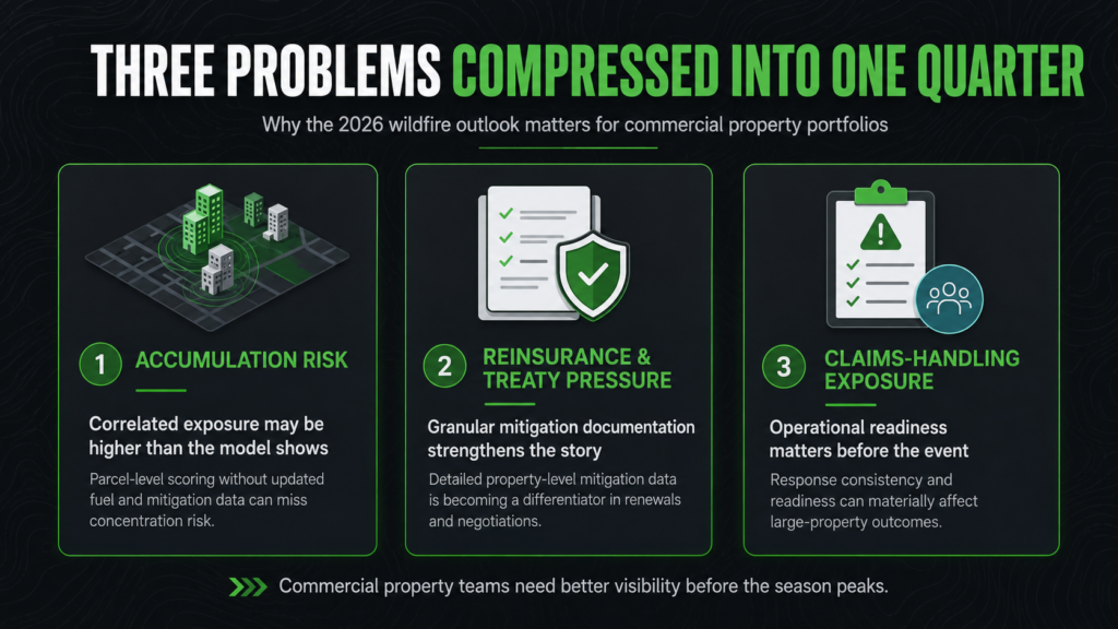 Infographic titled “Three Problems Compressed Into One Quarter” highlights 2026 wildfire risks for commercial properties: accumulation risk, reinsurance pressure, and claims-handling exposure, each with brief descriptions and wildfire-themed icons.