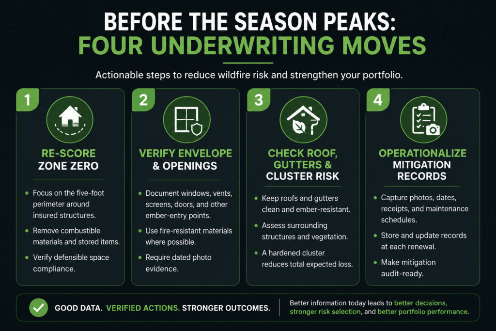 Infographic titled "Before the Season Peaks: Four Underwriting Moves" lists steps to reduce wildfire risk, including re-scoring wildfire zones, verifying openings, checking roofs and gutters, and operationalizing mitigation records.