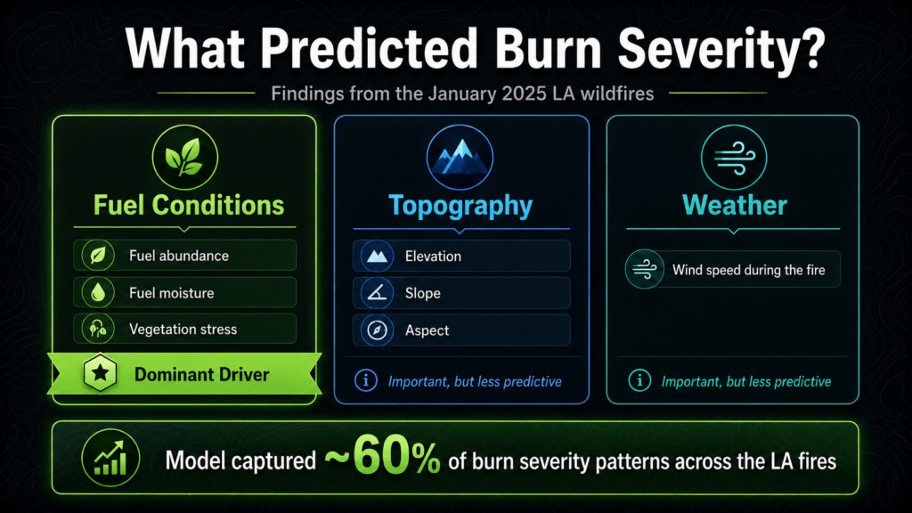 Infographic on wildfire burn severity predictors from Jan 2025 LA wildfires: Fuel conditions (dominant driver), topography, and weather. Model captured ~60% of burn severity patterns, emphasizing the critical role of fuel conditions in wildfire impact.