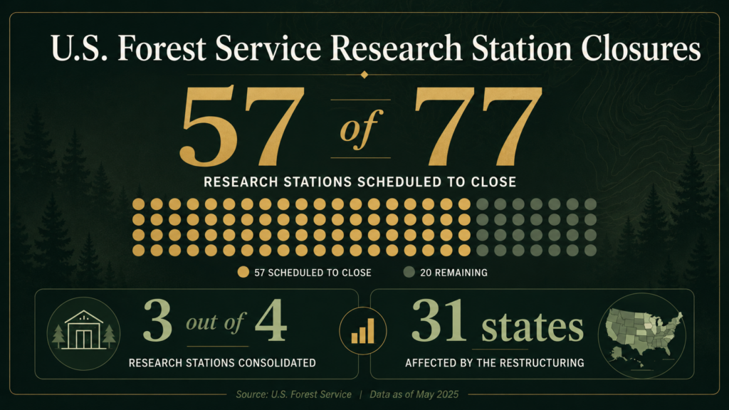 Infographic showing that 57 out of 77 U.S. Forest Service research stations, many vital for wildfire studies, are scheduled to close across 31 states, with 3 out of 4 stations consolidated. Data is as of May 2025.