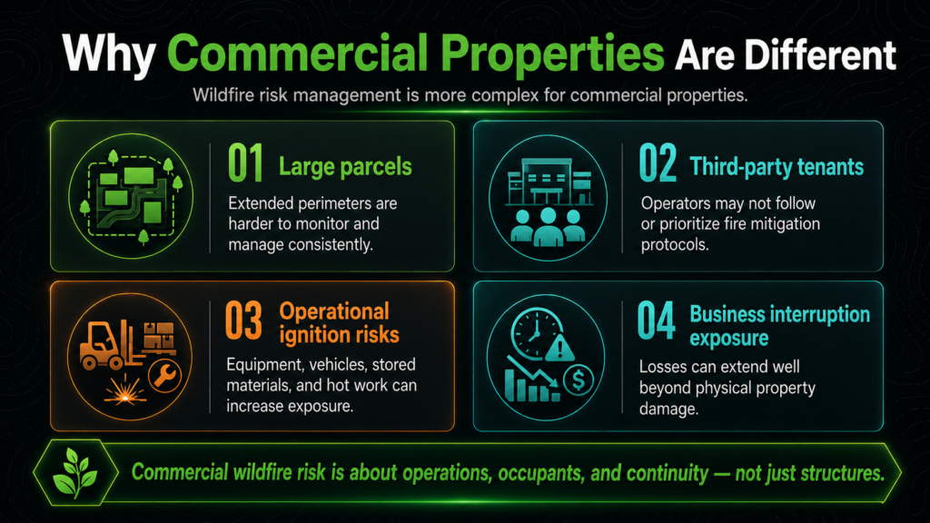 Infographic titled "Why Commercial Properties Are Different" highlights four wildfire risks: large parcels, third-party tenants, operational ignition risks, and business interruption exposure. Green and orange icons and text emphasize each wildfire-related risk.