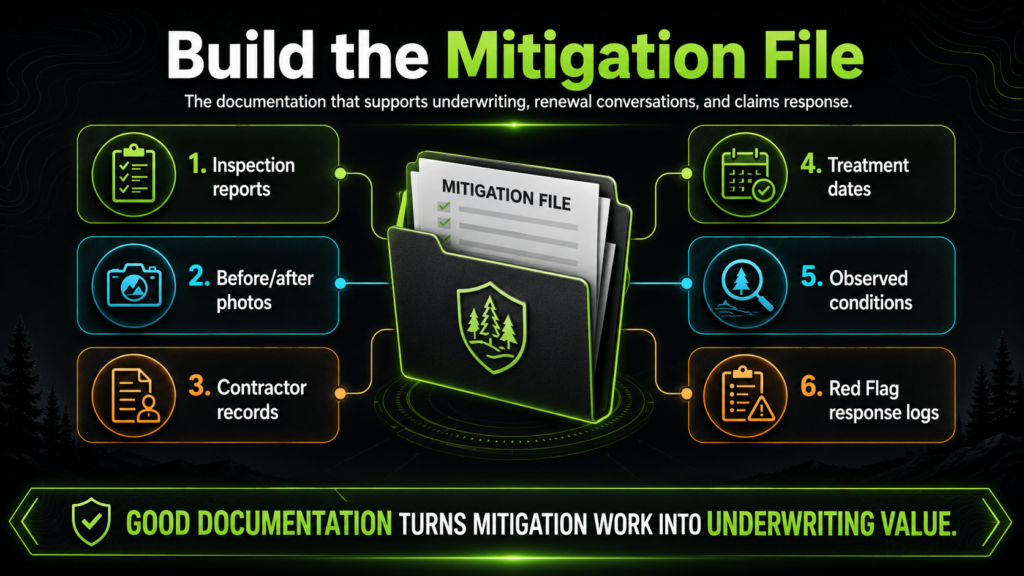 Infographic titled "Build the Mitigation File" with a file folder and six documentation types: inspection reports, before/after photos, contractor records, treatment dates, observed conditions, and wildfire Red Flag response logs.