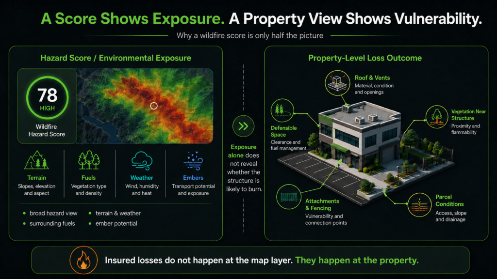 Infographic explaining wildfire risk: A 3D property view is labeled to show wildfire factors like roof/vents, defensible space, and vegetation. On the left, a gauge shows a wildfire hazard score of 78. Icons detail hazard factors such as terrain and weather.