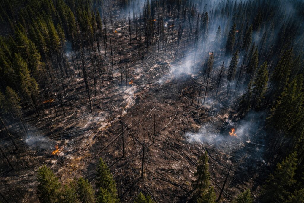 Aerial view of a wildfire’s aftermath shows a burned forest with charred trees, smoldering ground, and small fires still burning, surrounded by unburned green trees on the edges. Smoke rises from several areas.