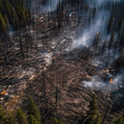 Aerial view of a wildfire’s aftermath shows a burned forest with charred trees, smoldering ground, and small fires still burning, surrounded by unburned green trees on the edges. Smoke rises from several areas.