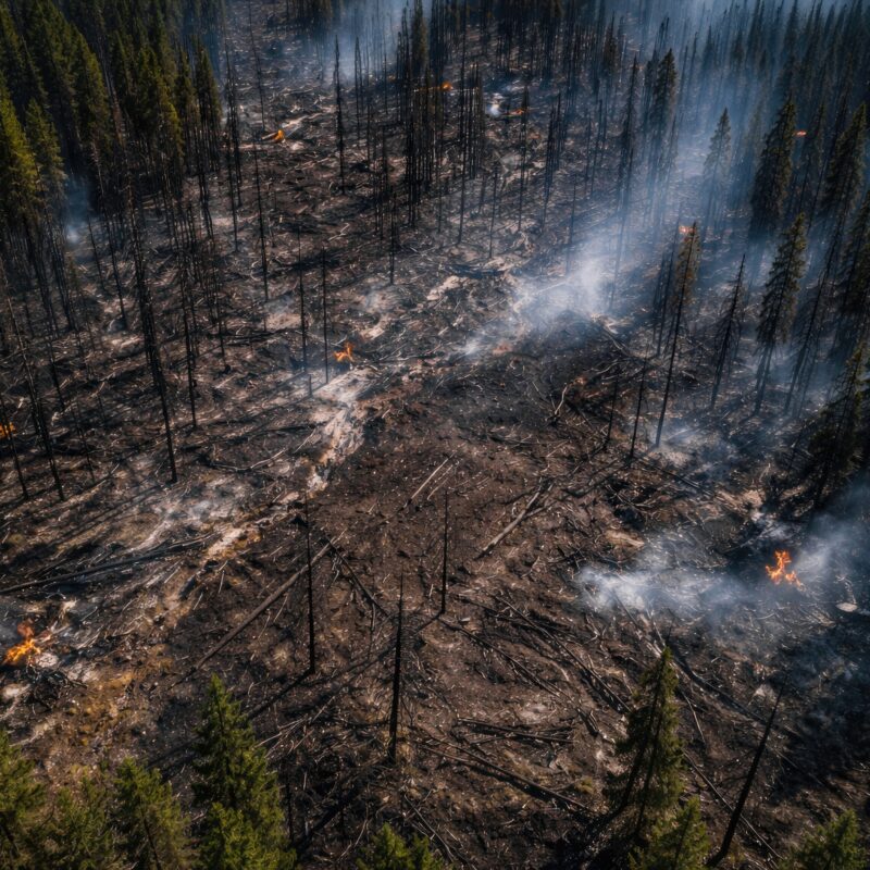 Aerial view of a wildfire’s aftermath shows a burned forest with charred trees, smoldering ground, and small fires still burning, surrounded by unburned green trees on the edges. Smoke rises from several areas.