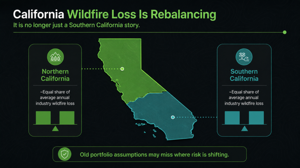 Infographic showing California split into Northern and Southern regions, both with equal wildfire loss risk. Text warns that wildfire threat is now balanced statewide, making it a concern for all of California, not just the south.