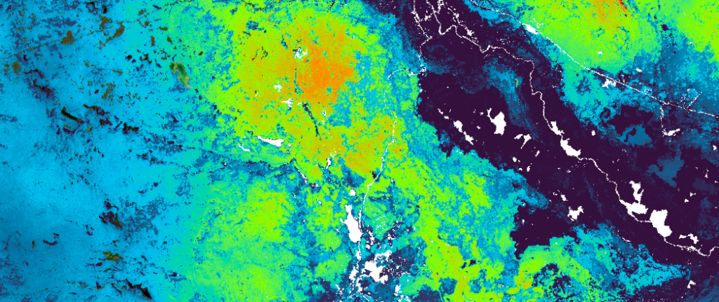 Colorful abstract satellite map featuring bright blue, green, yellow, and orange tones with dark purple areas, representing elevation or vegetation. White lines and patches suggest rivers, roads, or city boundaries.