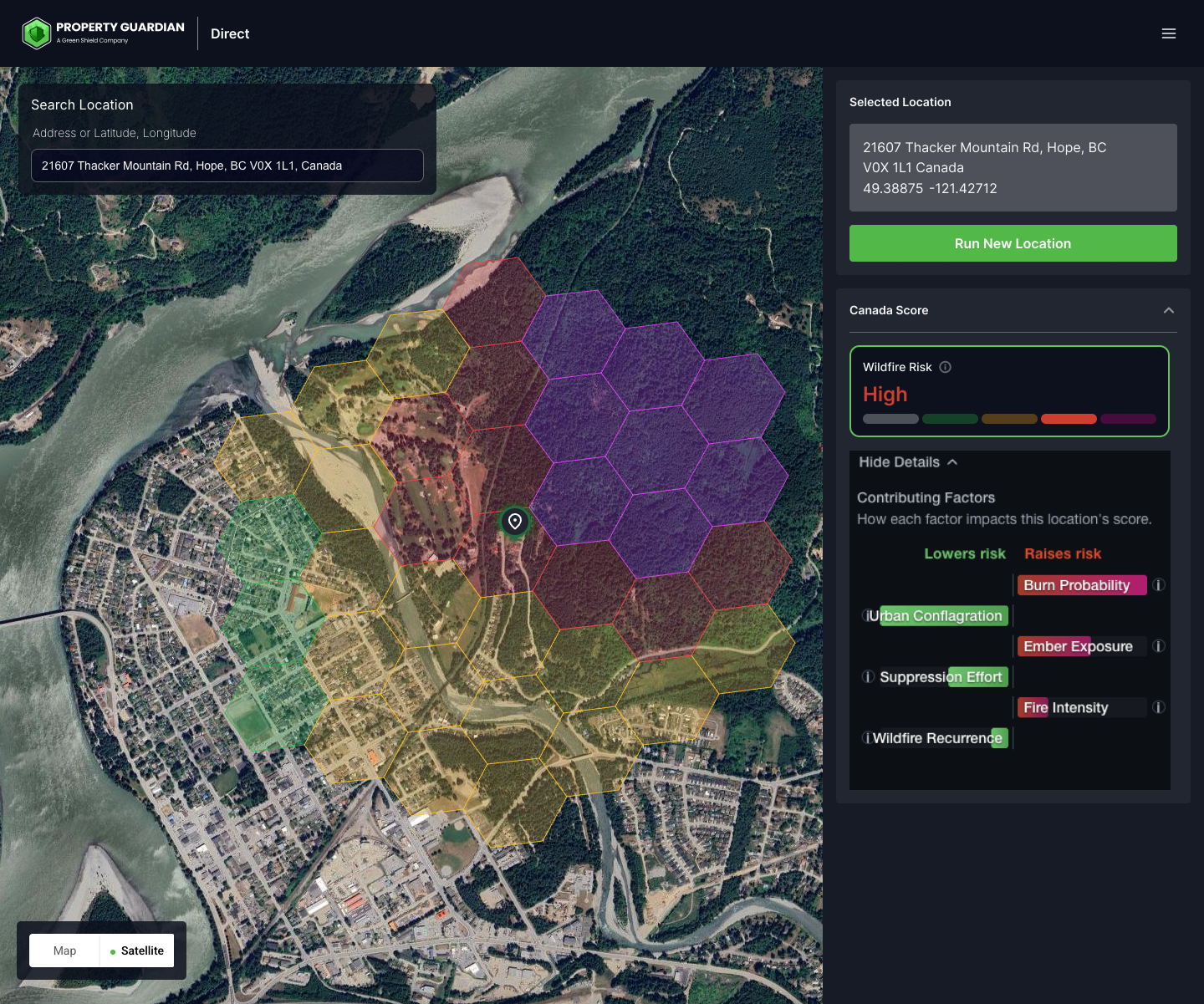 A satellite map interface shows color-coded hexagons indicating wildfire risk levels around 21907 Thacker Mountain Rd, Hope, BC. A sidebar displays a "High" wildfire risk score with contributing factors listed.