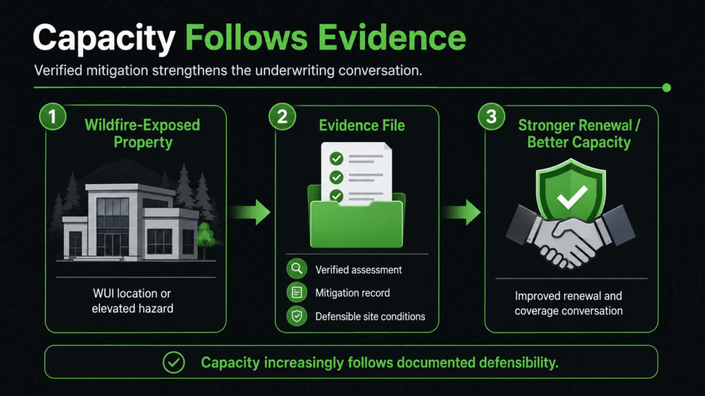 Infographic titled "Capacity Follows Evidence" shows steps: 1) Wildfire-exposed property, 2) Evidence file with assessment and mitigation record, 3) Stronger renewal and better capacity. Green icons and text highlight wildfire defensibility.