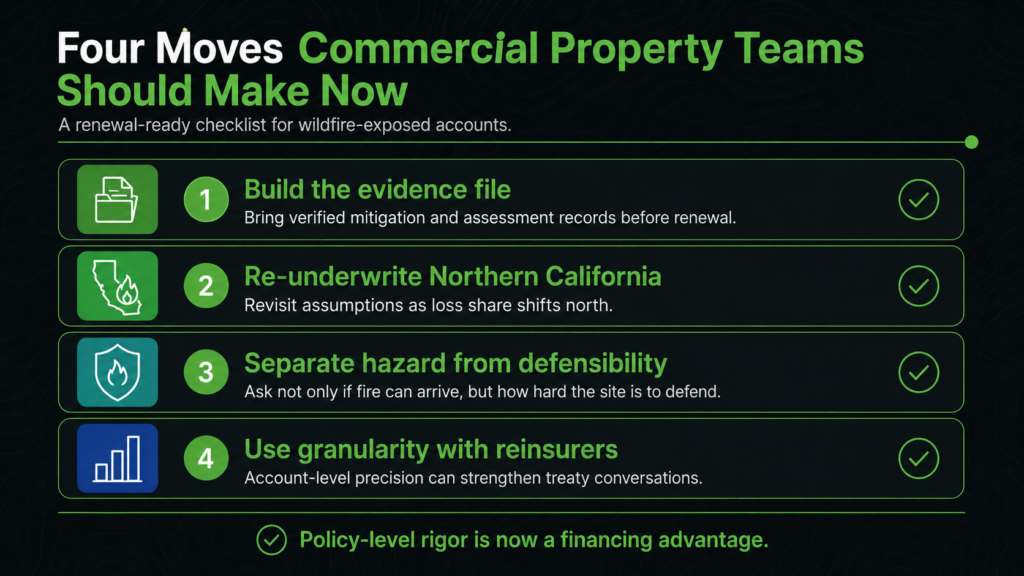 An infographic titled "Four Moves Commercial Property Teams Should Make Now" lists actions: build wildfire evidence file, re-underwrite Northern California, separate hazard from defensibility, and use granularity with reinsurers.