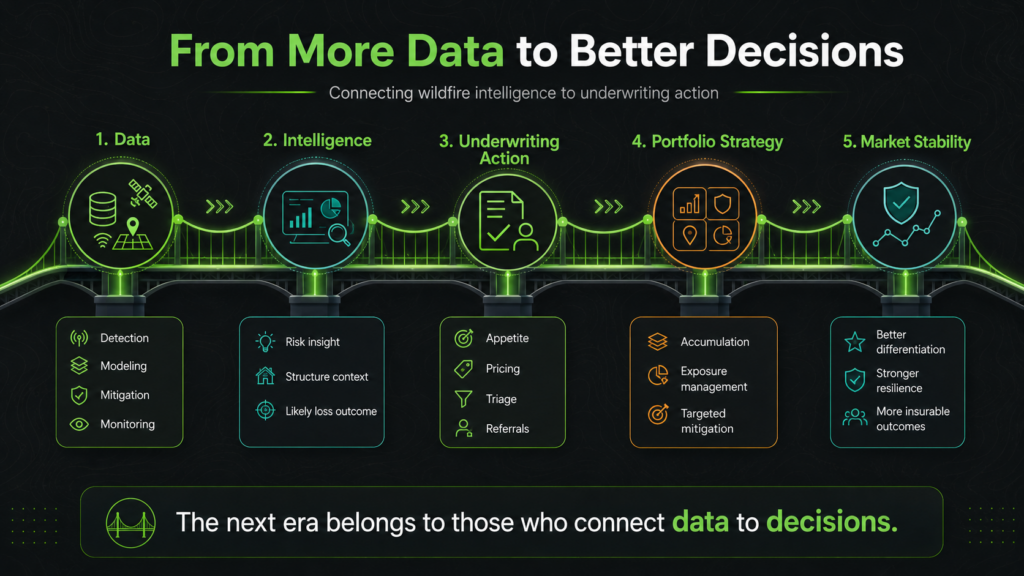 Infographic titled "From More Data to Better Decisions" shows five steps—Data, Intelligence, Underwriting Action, Portfolio Strategy, and Market Stability—each with icons and short descriptions beneath, all linked by a green data pathway highlighting wildfire insights.