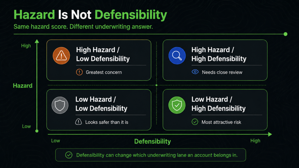 A 2x2 matrix chart titled "Hazard Is Not Defensibility" compares wildfire hazard (high/low) with defensibility, explaining risk levels for each quadrant and noting that defensibility can change underwriting outcomes.