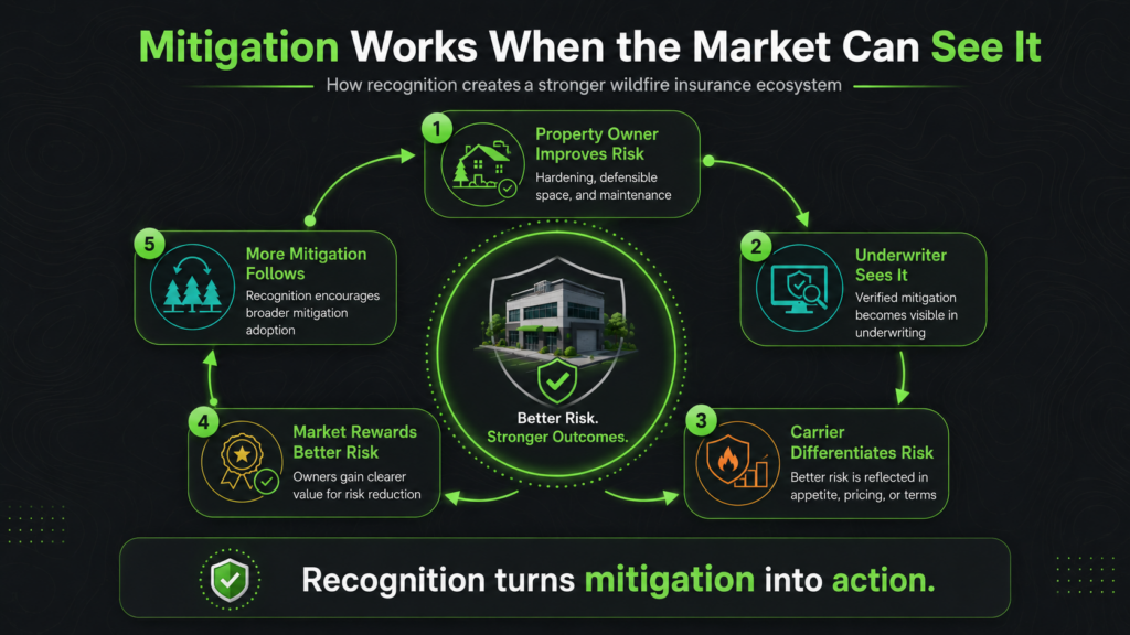 Infographic showing a cycle: property owner improves wildfire risk, underwriter sees it, carrier differentiates risk, and the market rewards better risk, leading to more mitigation and strong outcomes. Text: "Recognition turns mitigation into action.