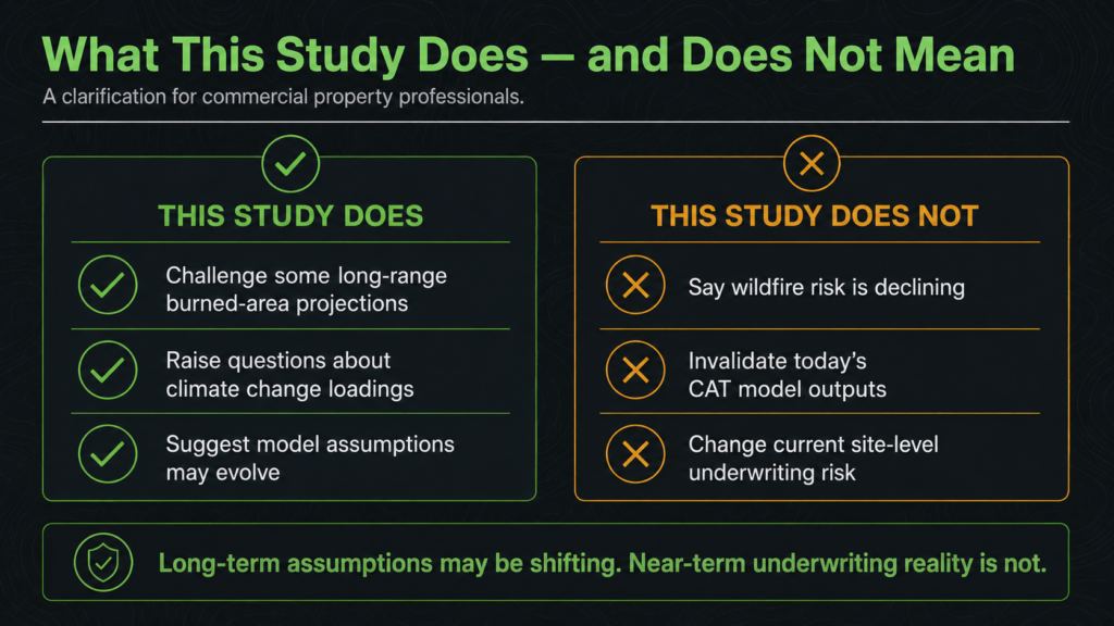 An infographic with two columns: "This Study Does" lists challenging long-range projections, raising climate change and wildfire questions, and suggesting model changes. "This Study Does Not" covers three exclusions and notes on shifting assumptions.