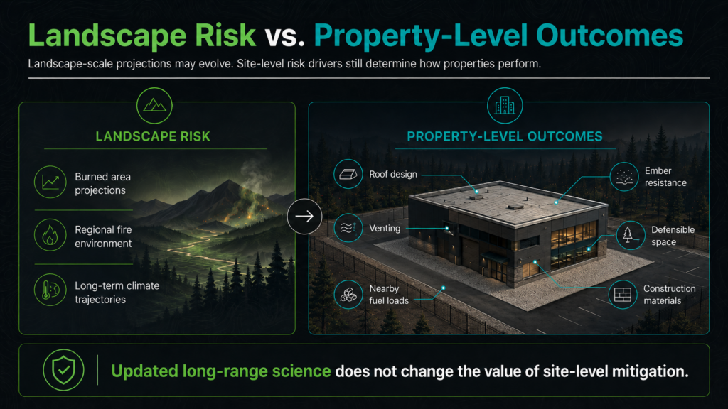 A split-screen graphic compares landscape wildfire risks, like burned area projections and wildfire climate trends, with property-level outcomes, highlighting factors such as roof design, ember resistance, defensible space, and construction materials.