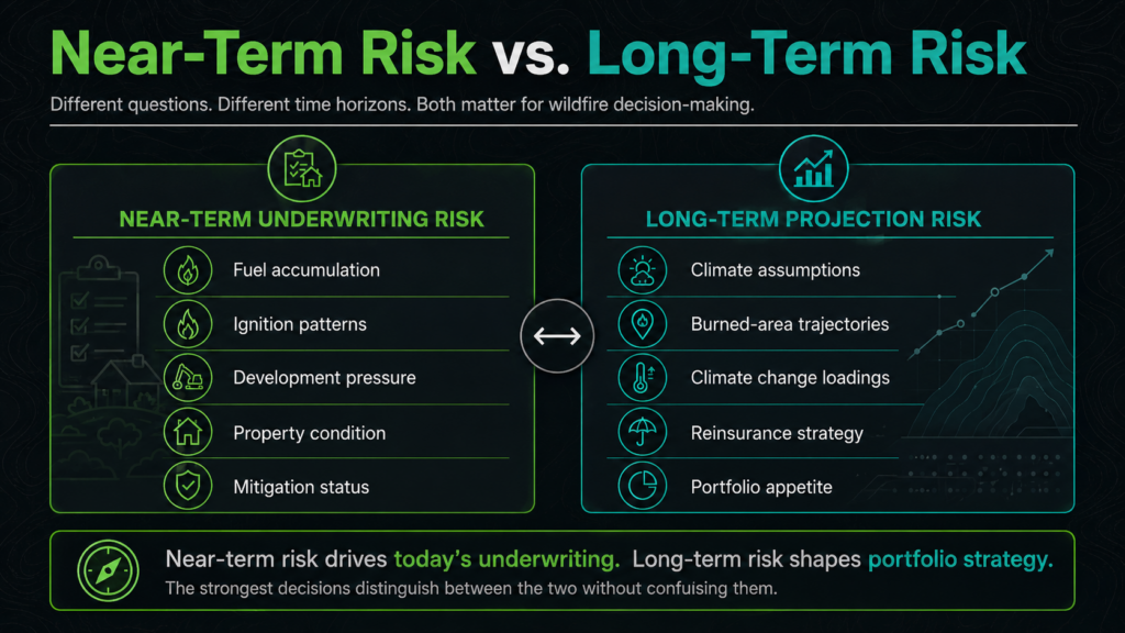 Infographic comparing near-term underwriting risk and long-term projection risk for wildfire decisions, listing key wildfire factors like fuel accumulation, ignition patterns, climate assumptions, reinsurance strategy, and portfolio appetite.
