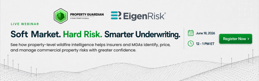 Webinar banner for "Soft Market. Hard Risk. Smarter Underwriting." on June 18, 2024, 12-1 PM ET, by Property Guardian and EigenRisk, with a green "Register Now" button and abstract wave design in the background.