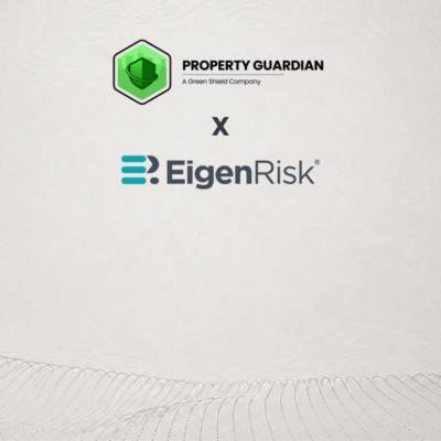 Logos of Property Guardian (A Green Shield Company) and EigenRisk are displayed with an "x" between them, suggesting a partnership or collaboration, on a light patterned background.