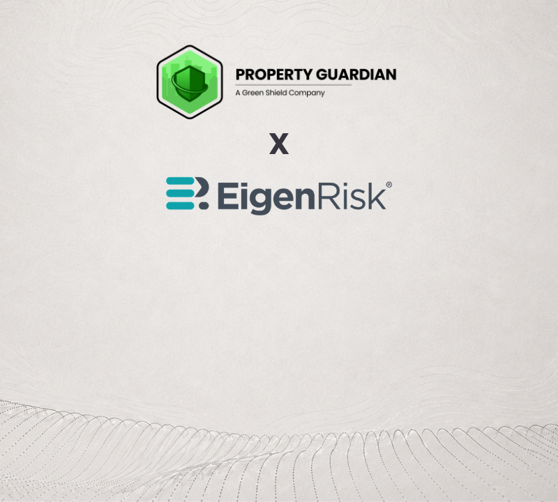 Logos of Property Guardian (A Green Shield Company) and EigenRisk are displayed with an "x" between them, suggesting a partnership or collaboration, on a light patterned background.