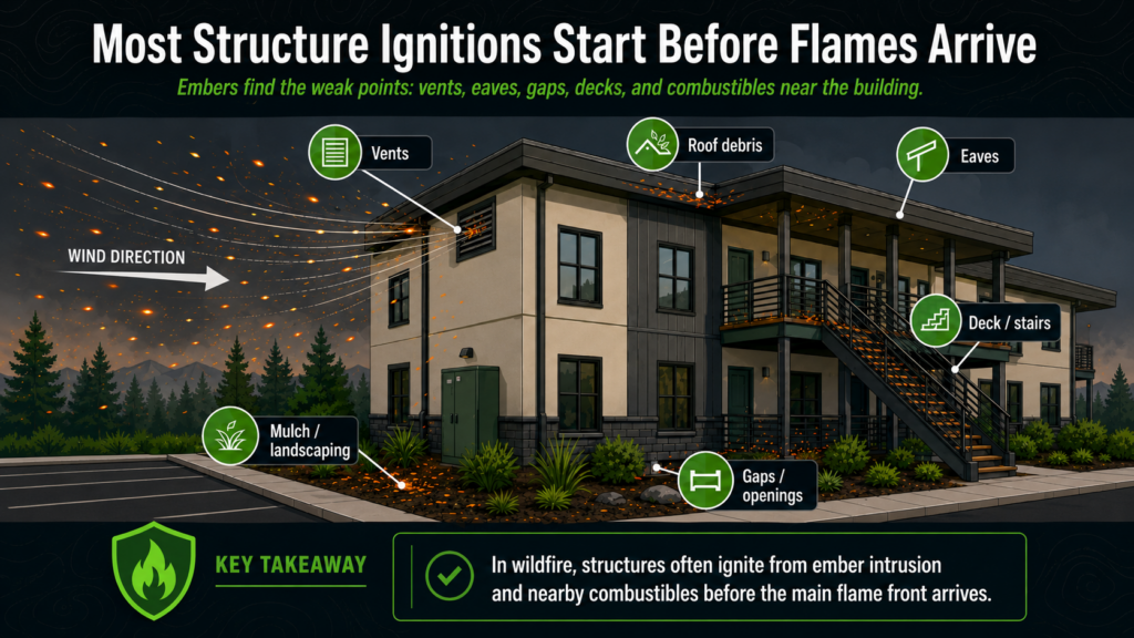 Illustration of a house with arrows showing wildfire embers carried by wind igniting weak points like vents, eaves, roof debris, mulch, gaps, and decks. Text explains wildfire structure ignitions often occur before flames arrive.