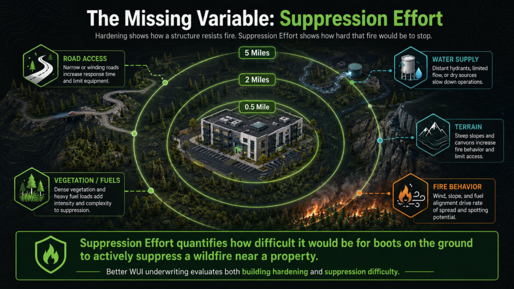 A central building is surrounded by concentric circles labeled 0.5, 2, and 5 miles, highlighting wildfire factors like road access, vegetation, water supply, terrain, and fire behavior that affect suppression efforts. Text explains these influences.