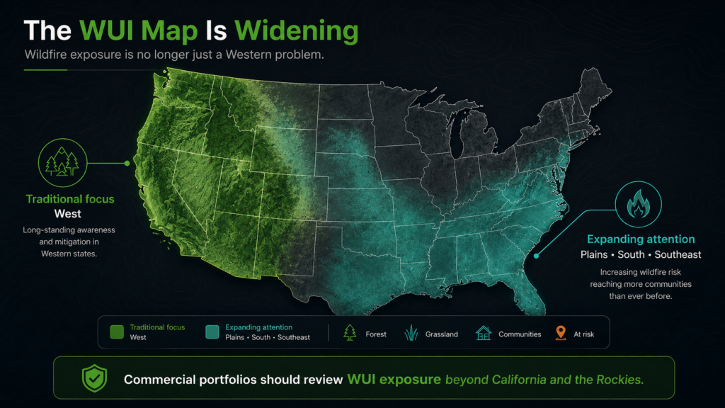 A US map showing wildfire exposure risk expanding from the traditional focus in the West to now include the Plains, South, and Southeast, with highlighted regions, icons, and a call to review wildfire WUI exposure beyond California and the Rockies.
