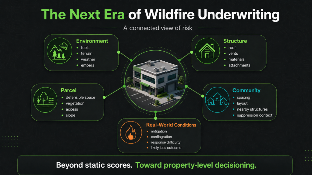 An infographic titled "The Next Era of Wildfire Underwriting" shows a building surrounded by five factors: Environment, Structure, Parcel, Community, and Real-World Conditions, highlighting a holistic wildfire risk assessment approach.