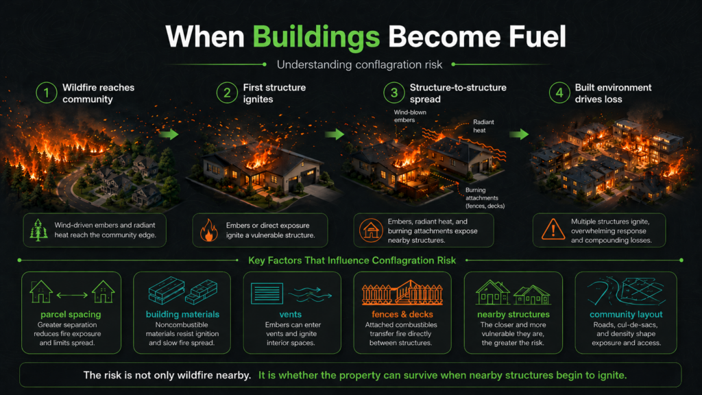 Infographic titled "When Buildings Become Fuel" shows wildfire spreading from forest to homes, igniting buildings and causing losses. It lists key wildfire factors like spacing, materials, vents, fences, nearby structures, and vegetation.