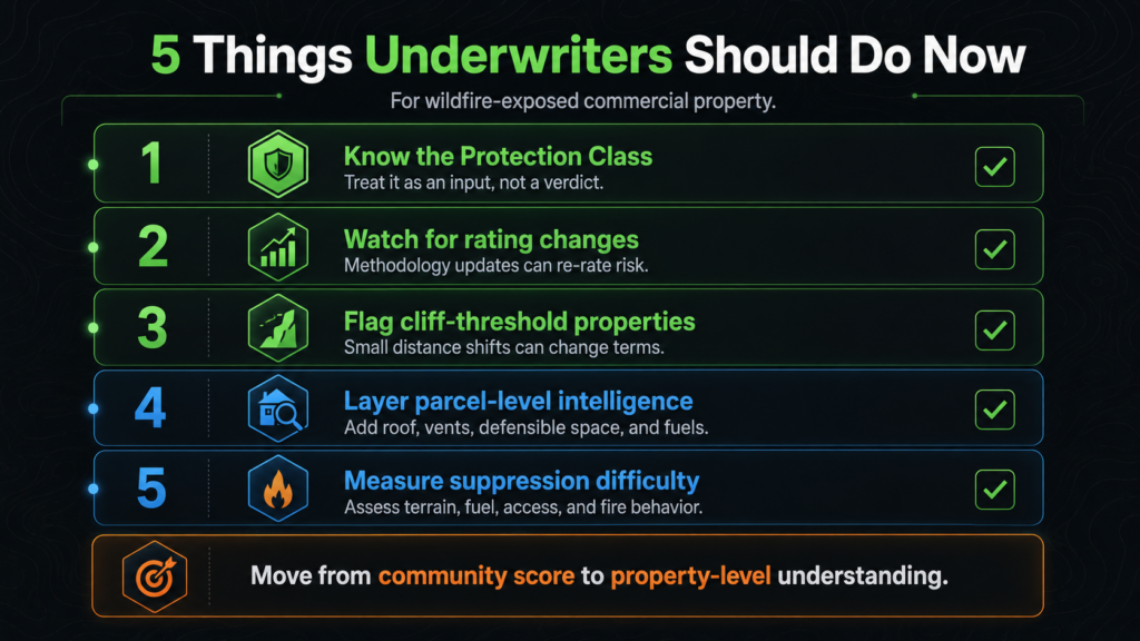 Infographic titled "5 Things Underwriters Should Do Now" lists steps for wildfire-exposed commercial property: know protection class, watch for rating changes, flag wildfire cliff-threshold properties, layer parcel-level intelligence, and measure suppression difficulty.